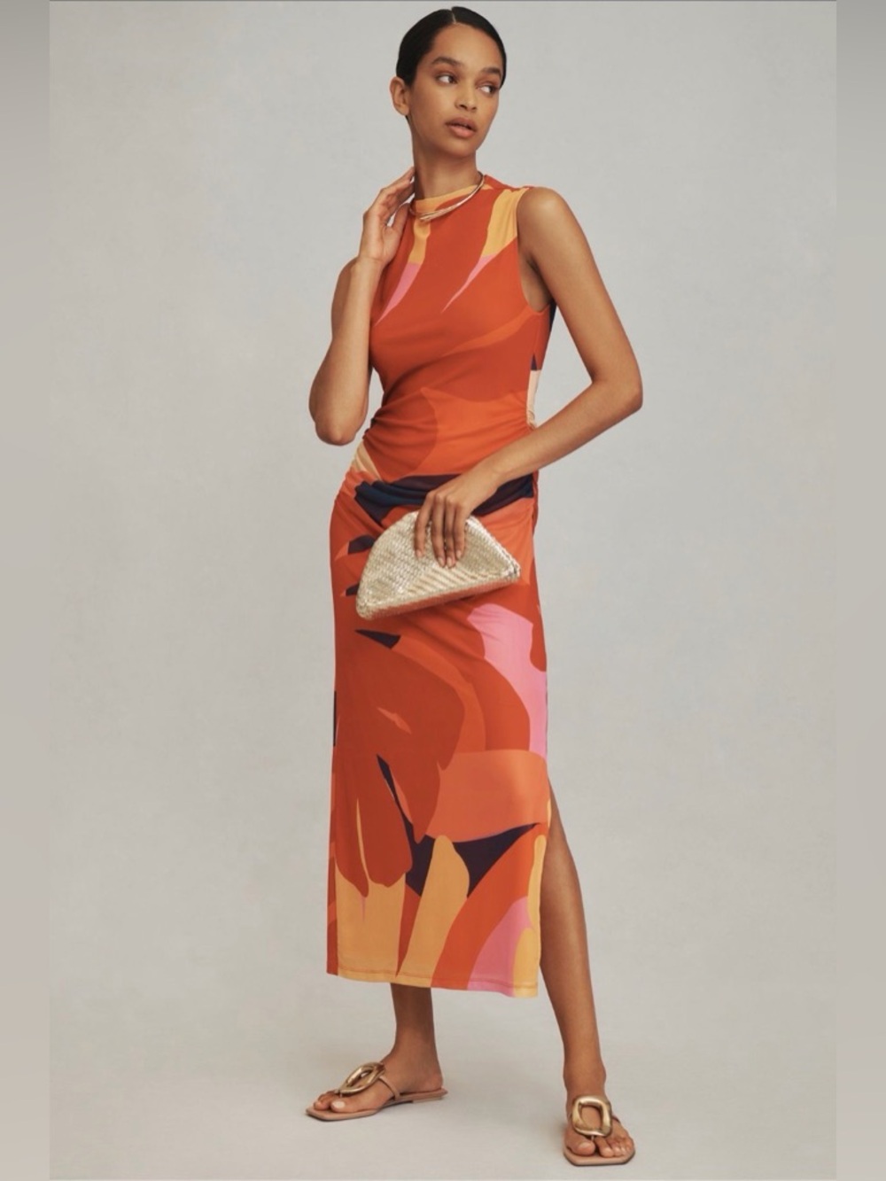 FARM Rio Orange Pink Abstract Midi Dress